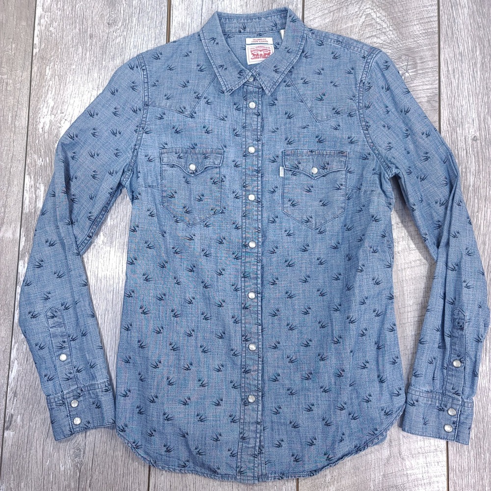 Levi's Western Shirt Women Medium Blue Bird Print Chambray Pearl Snap Tailored